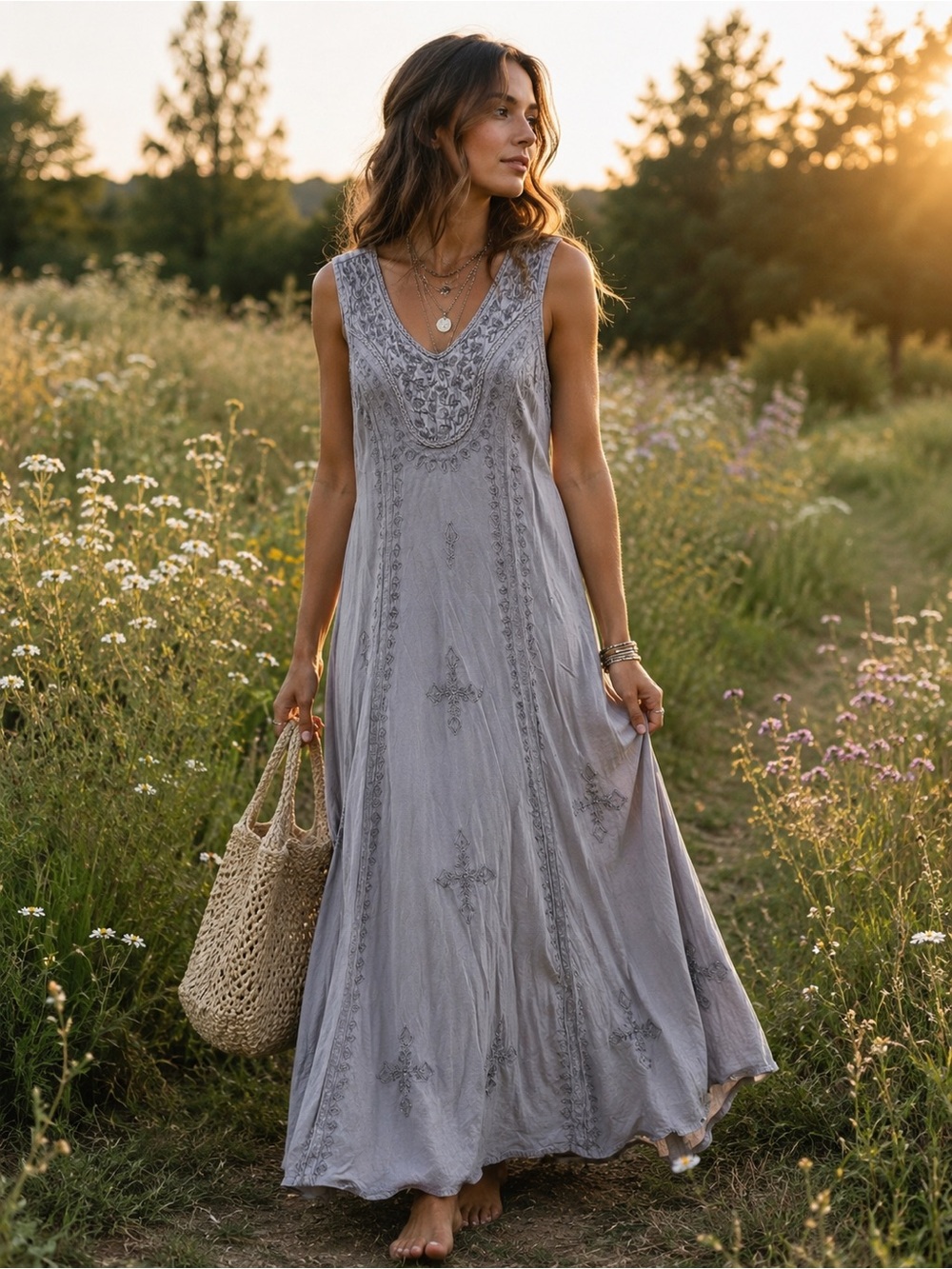 Boho Embroidered Rayon Maxi Dress Silver Gray Sleeveless Festival Cottagecore